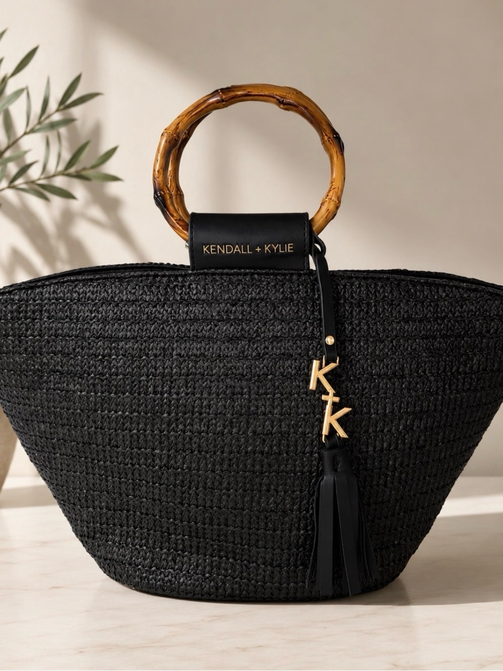 Kendall & Kylie Black Woven Tote with Bamboo Handles and Gold Charm